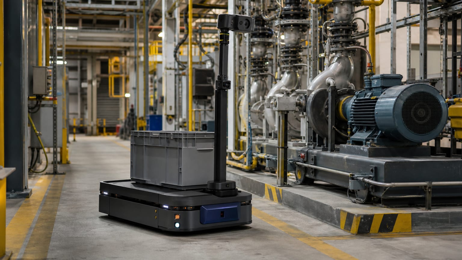 Autonomous mobile inspection platform carrying material beside industrial pumps in an operating plant