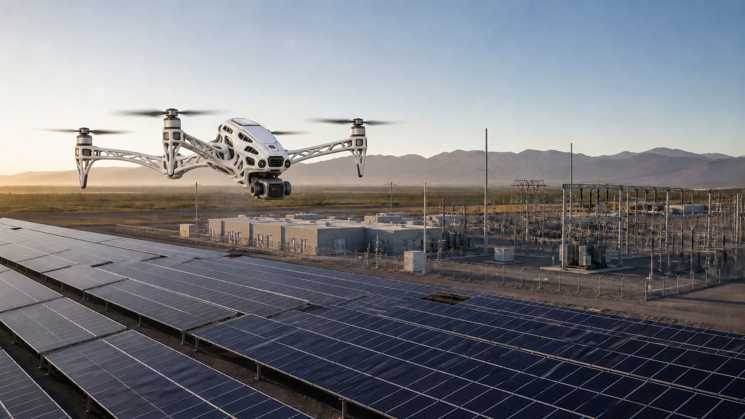 Industrial aerial inspection platform surveying solar generation and electrical infrastructure
