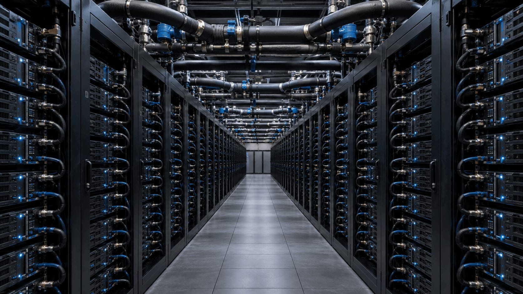 A high-density data centre aisle between two rows of black server cabinets, with liquid cooling manifolds and coolant pipes running overhead into the racks, lit by blue equipment indicators. No people are present.