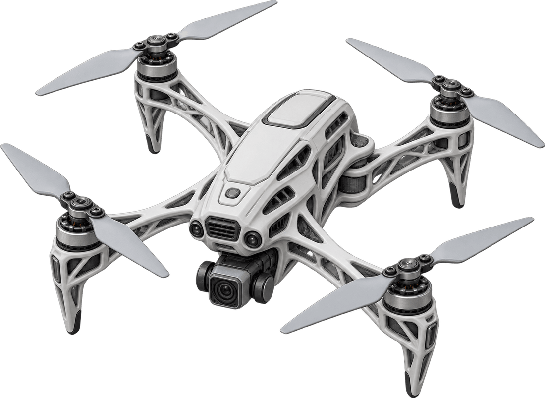 Render of the Root Digit RD-A7, a four-rotor aerial platform with a lattice-structure airframe and a gimbal-mounted camera beneath the fuselage