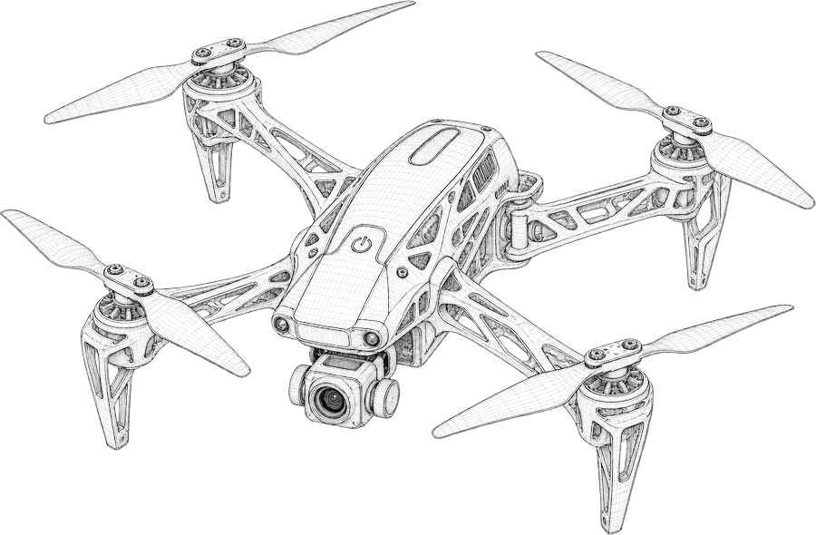 Wireframe engineering drawing of the Root Digit RD-A7, a four-rotor aerial platform with a gimbal-mounted camera beneath the fuselage