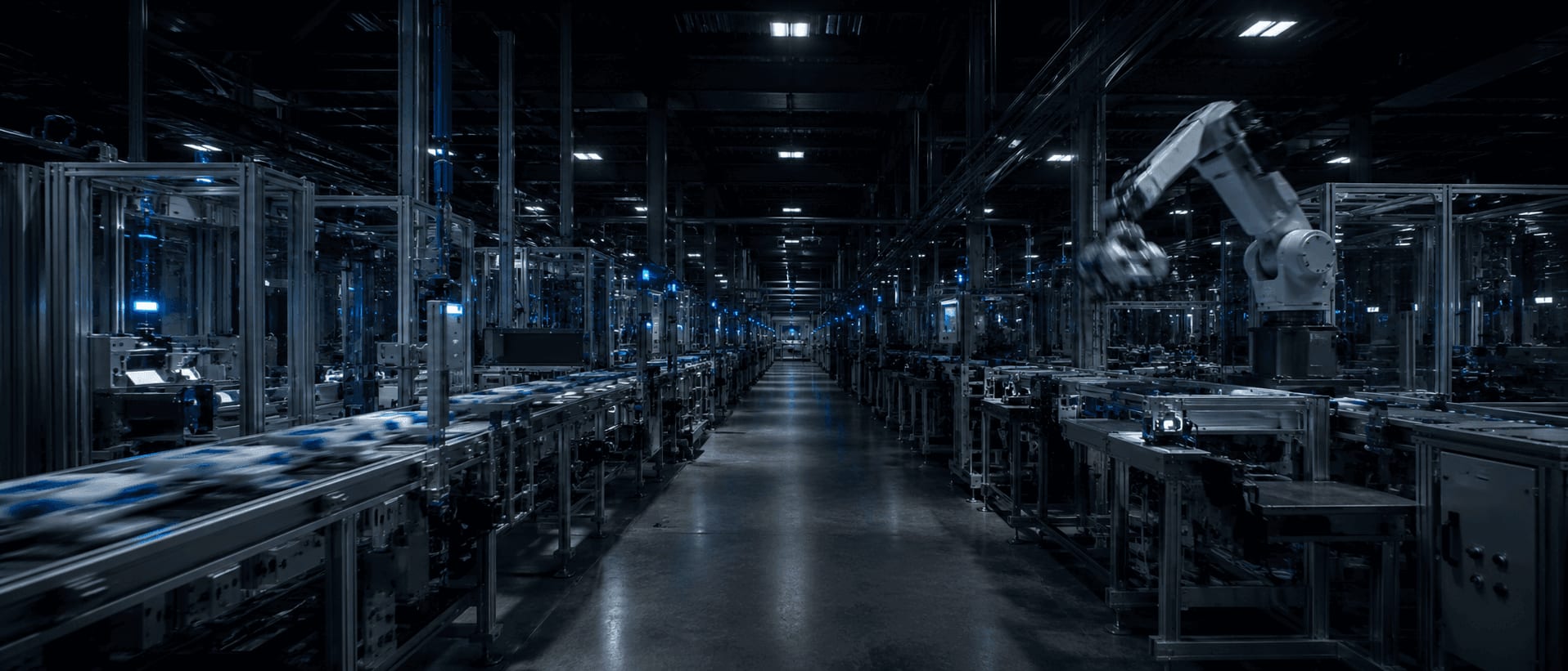 A manufacturing line running at night, seen down a long central aisle. A conveyor is in motion and a robotic arm is caught mid-cycle, lit by cool blue equipment indicators. No people are present anywhere in the frame.