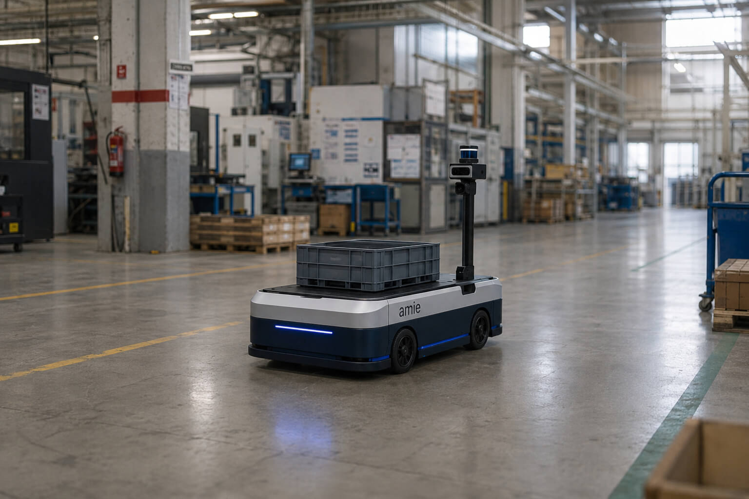 Concept render of Amie, a low navy and grey autonomous mobile robot carrying a crate on a factory floor, with a sensor mast carrying a LiDAR unit and stereo camera