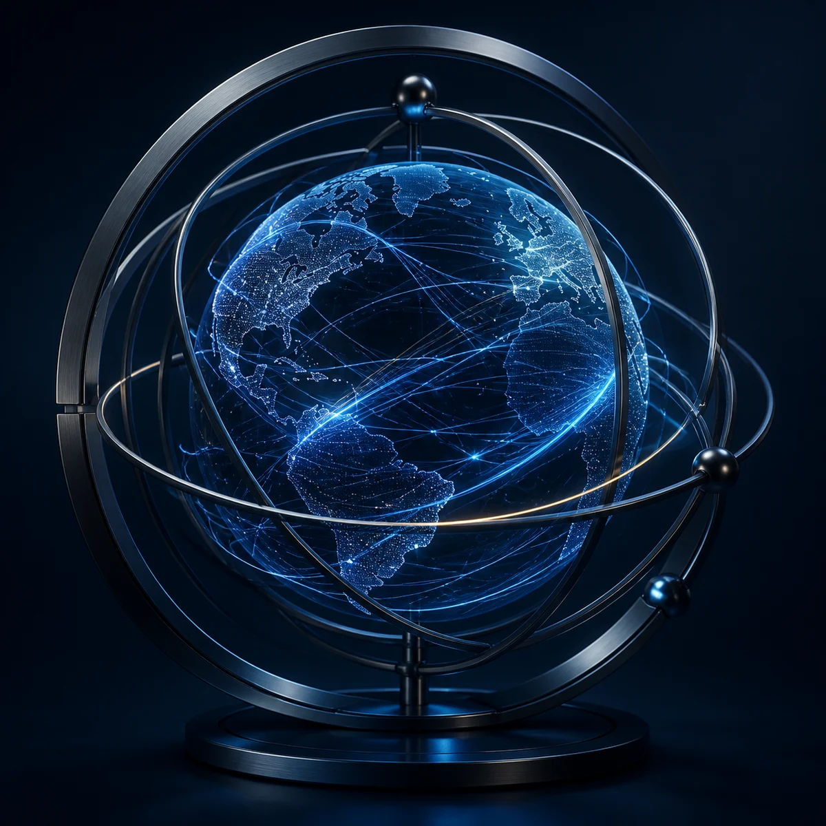An abstract globe and orbital frame representing RootTrade's connected global liquidity infrastructure